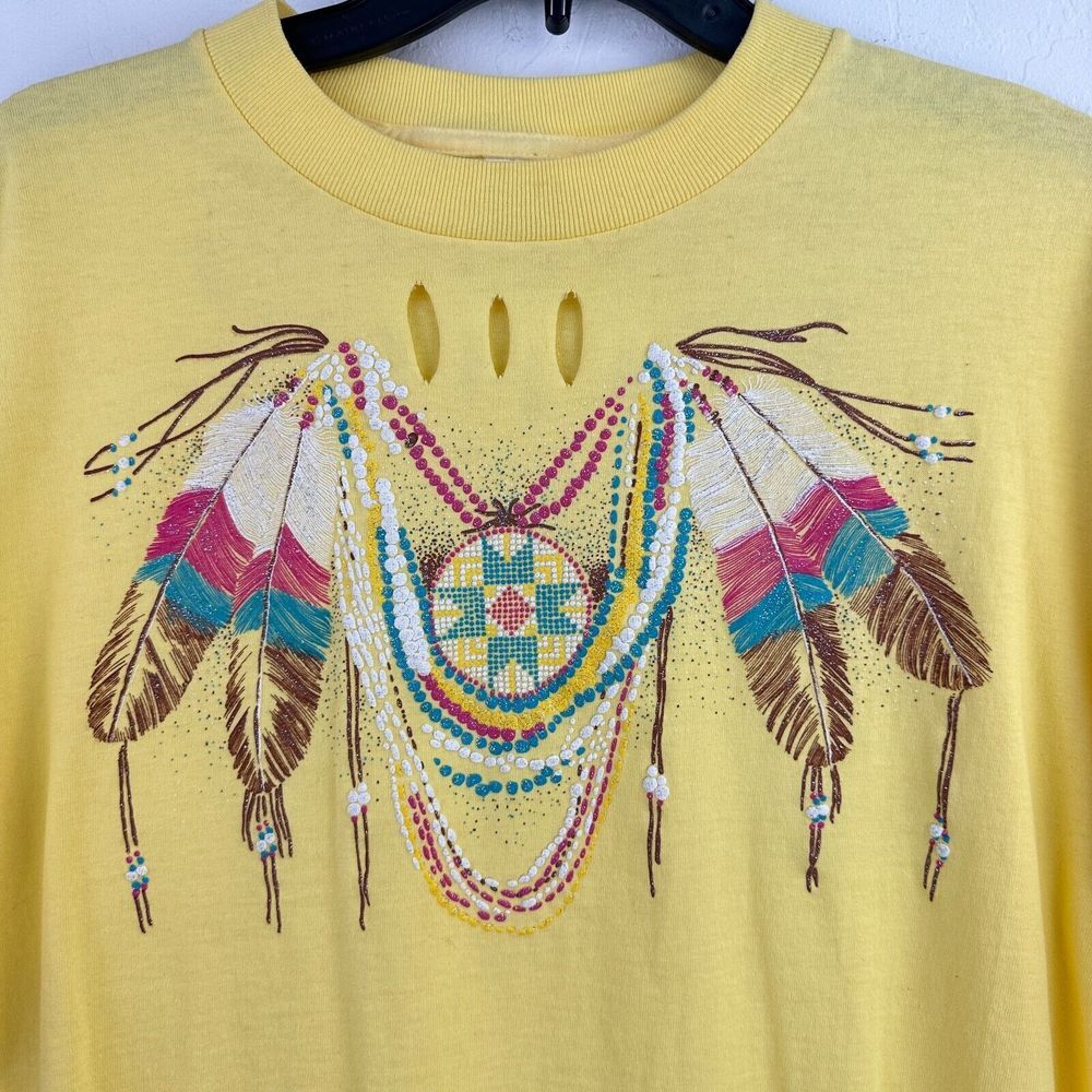 Vtg Brooks Top‎ Womens M Yellow Crop Feather Fringe Beaded Boho Distressed - Picture 4 of 7